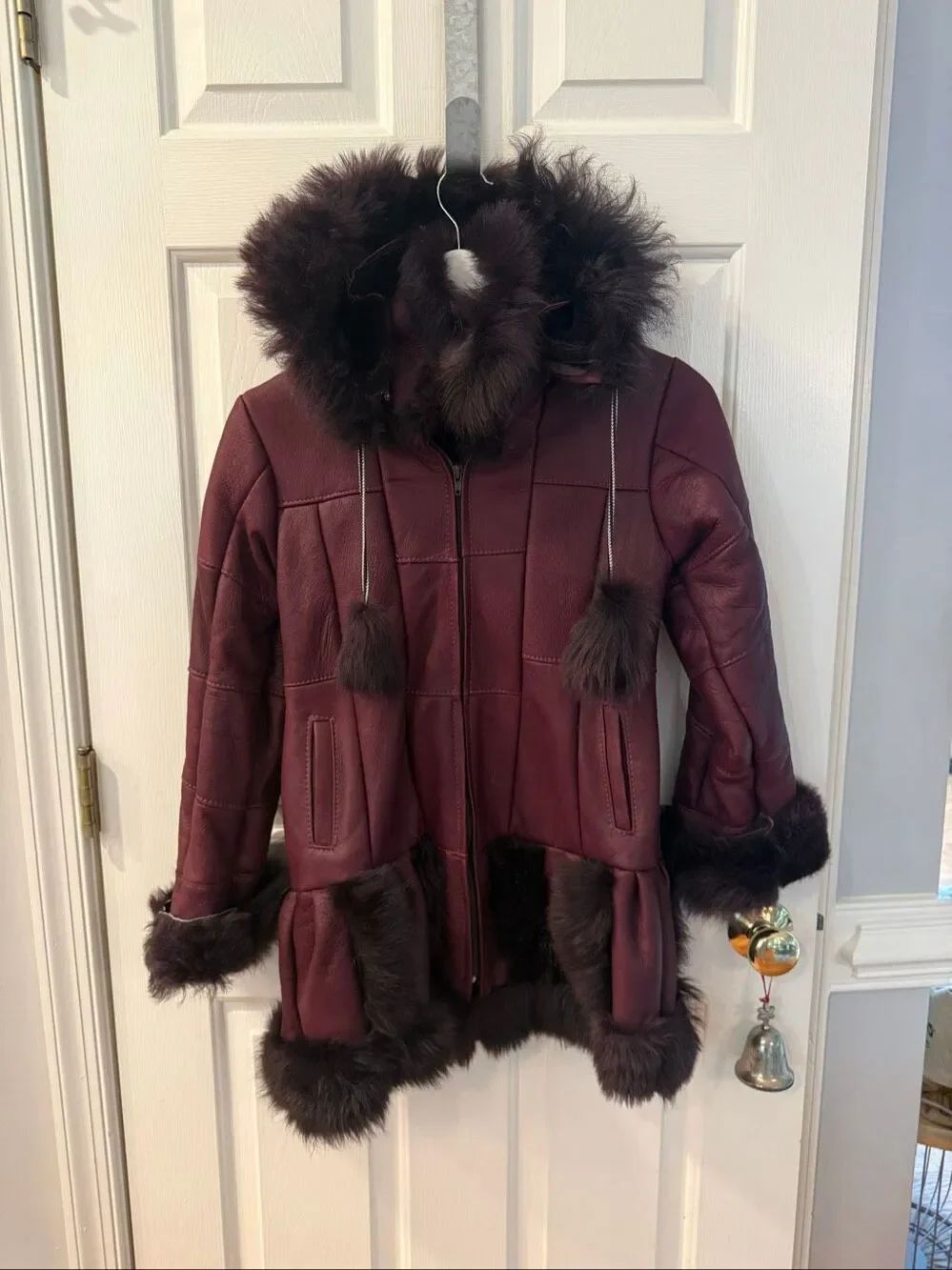 Handmade Girls Burgundy Leather & Fur Hooded Coat sz 12 EUC
